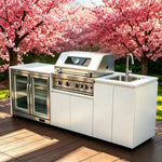 cuisine exterieure inoxydable blanc moderne evier grille cuisson portes vitrees respectueux environnement fonctionnelle