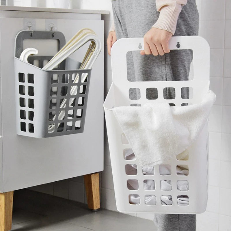panier linge gris blanc perforé moderne rangement crochet adhésifs chambre salon