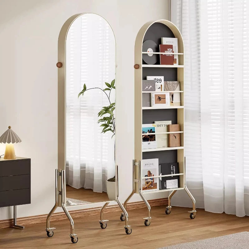 meuble multifonctionnel moderne miroir pleine longueur étagère mobile roulettes noir mat salon chambre