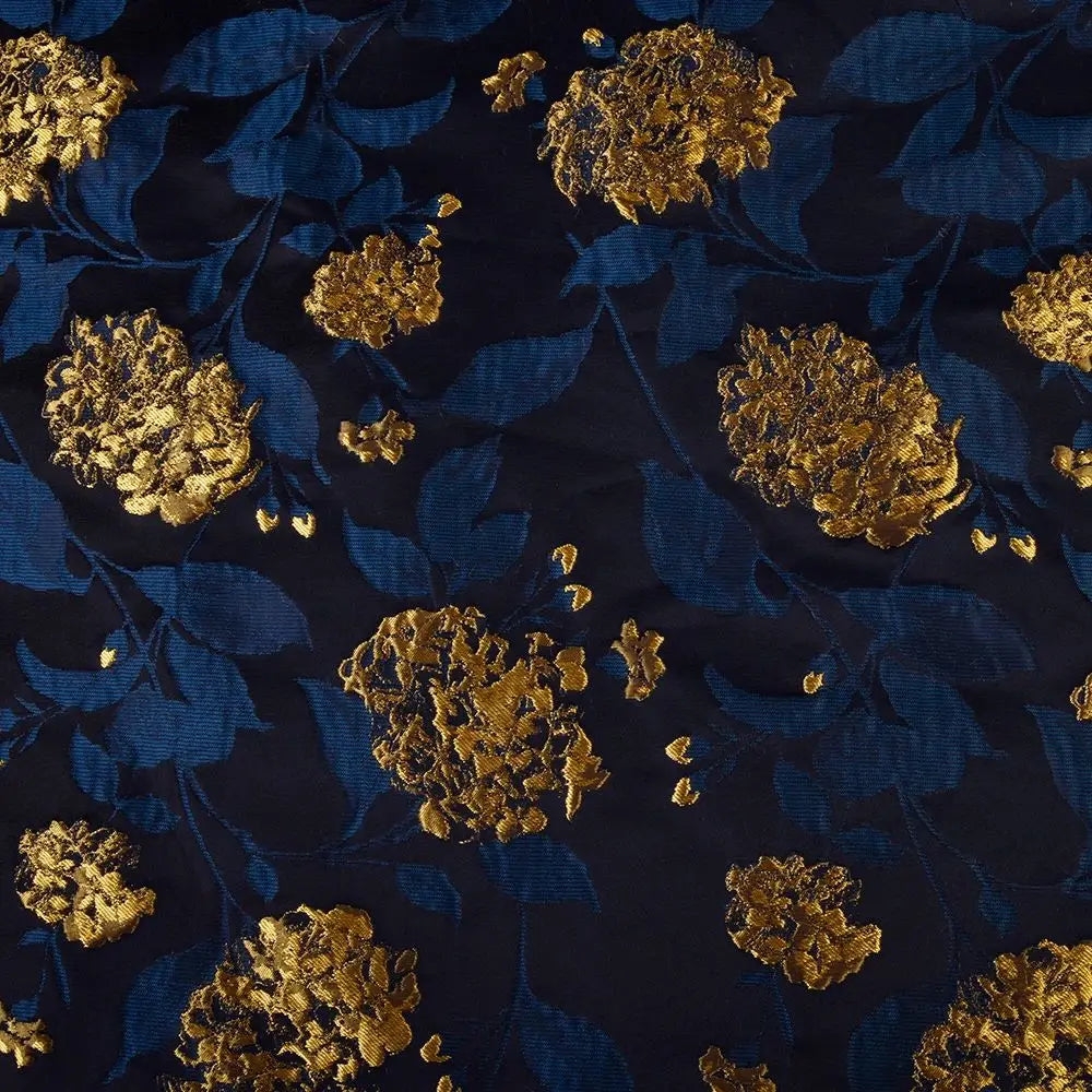 tissu brodé floral luxueux polyester largeur 160cm motifs or rouge noir marine