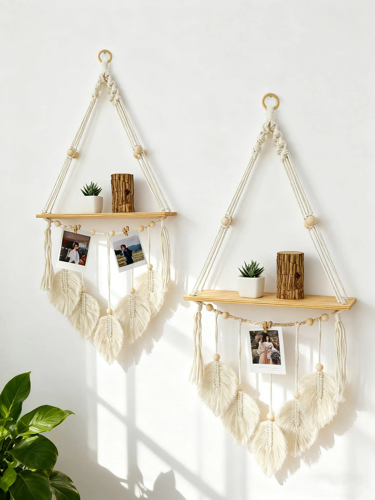 étagère murale bohème macramé franges bois blanc artisanale plante photo vase bois anneaux métalliques