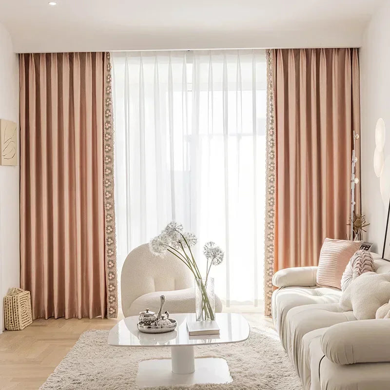 rideau rose pâle brodé fleur classique opacité bordure dentelée européen chambre salon polyester