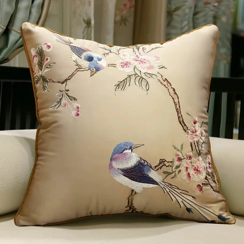taie d'oreiller brodée oiseau pavillon fleurs 45x45cm polyester bleu clair rouge beige decorative sofa