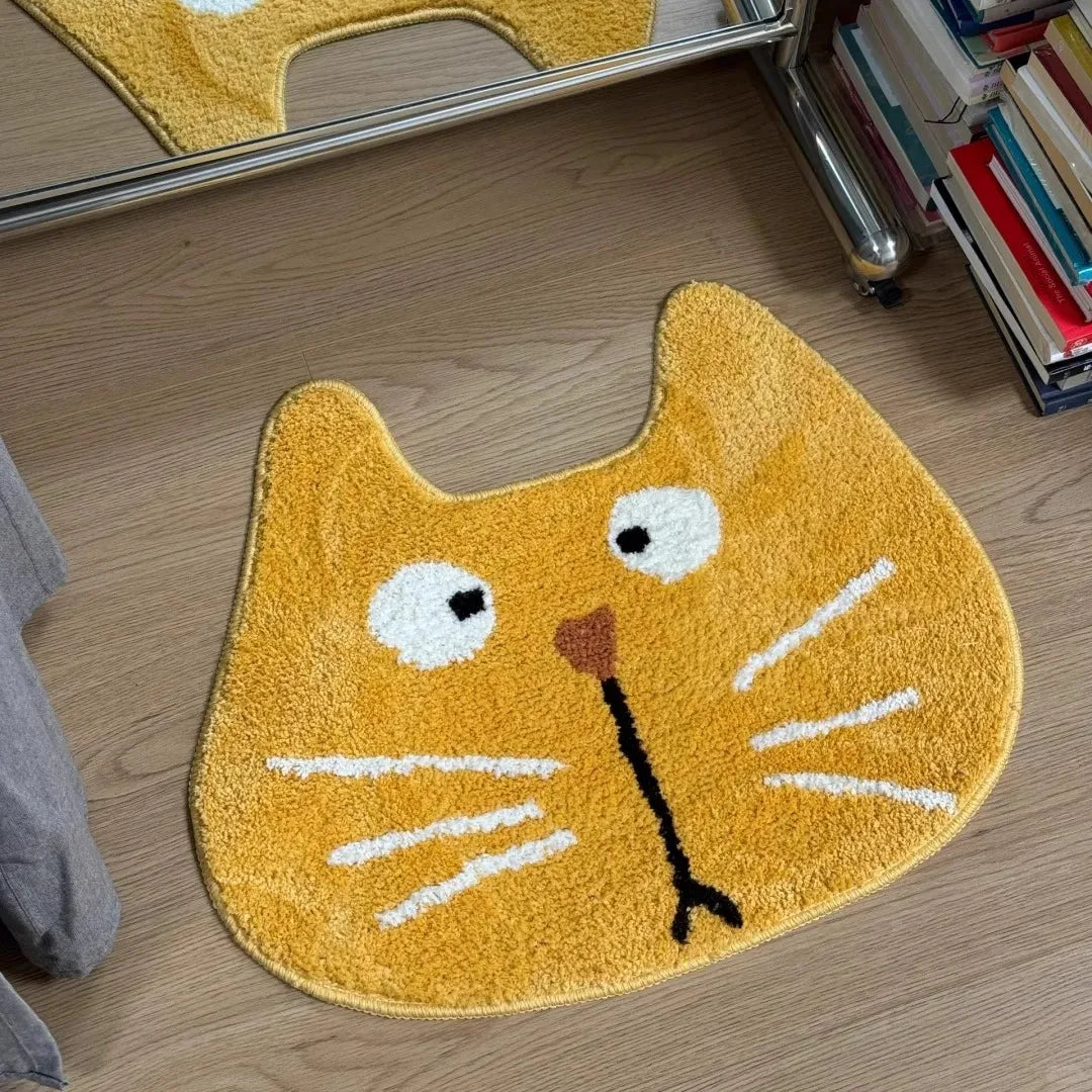 tapis sol antidérapant imperméable polyester motif chat visage orange marron vert moderne salle bain