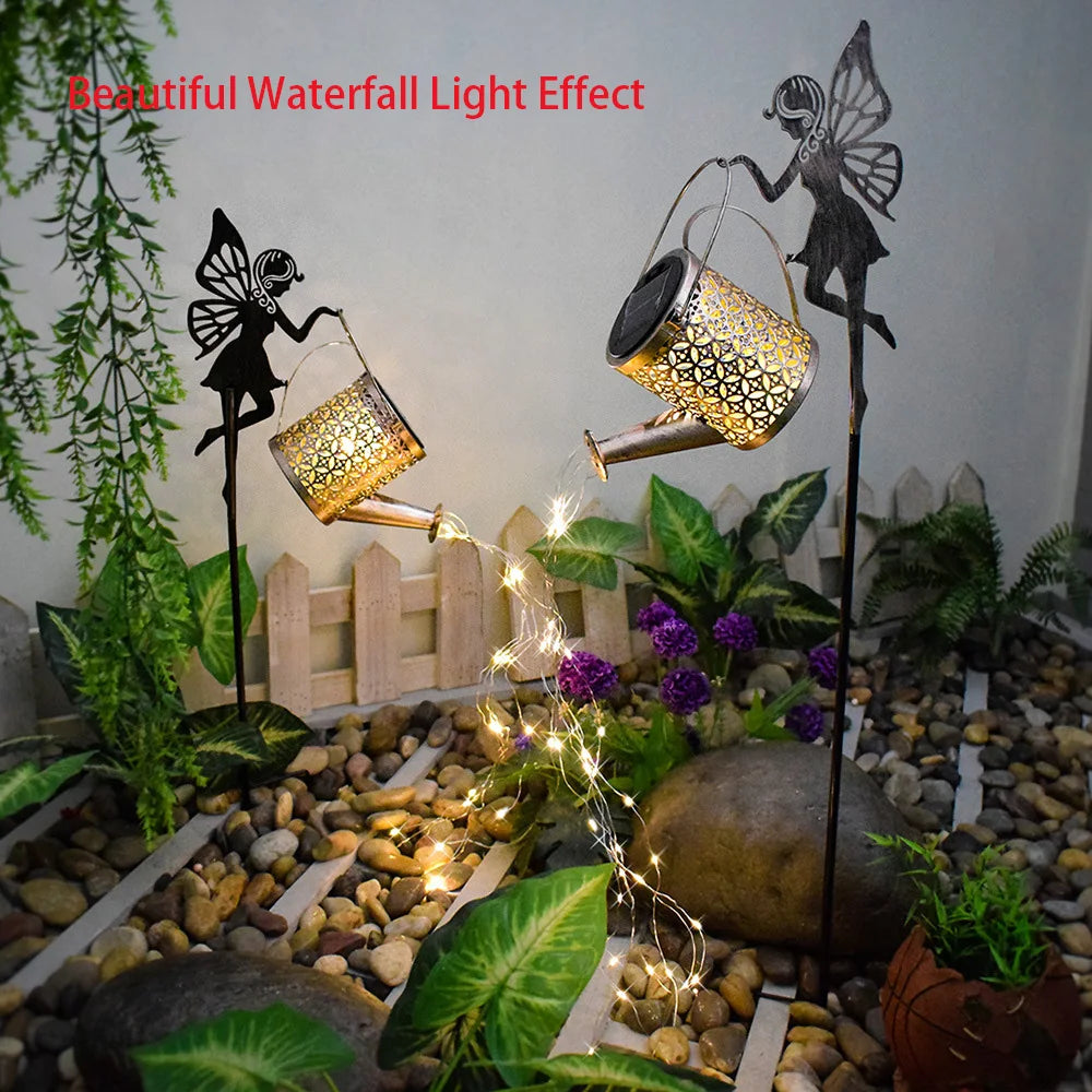 arrosoir lumineux solaire doré motifs floraux tringle noire led moderne jardinextérieur