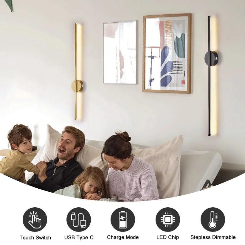 lampe murale led rechargeable sans fil noir doré moderne télécommande tactile 50cm 80cm