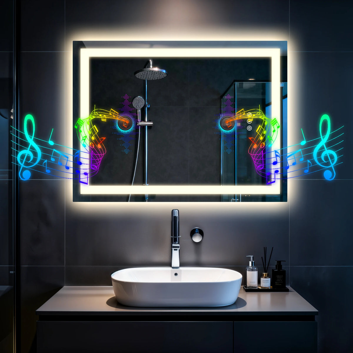 miroir lumineux moderne noir blanc gris notes musicales géométriques led bluetooth variable minimaliste