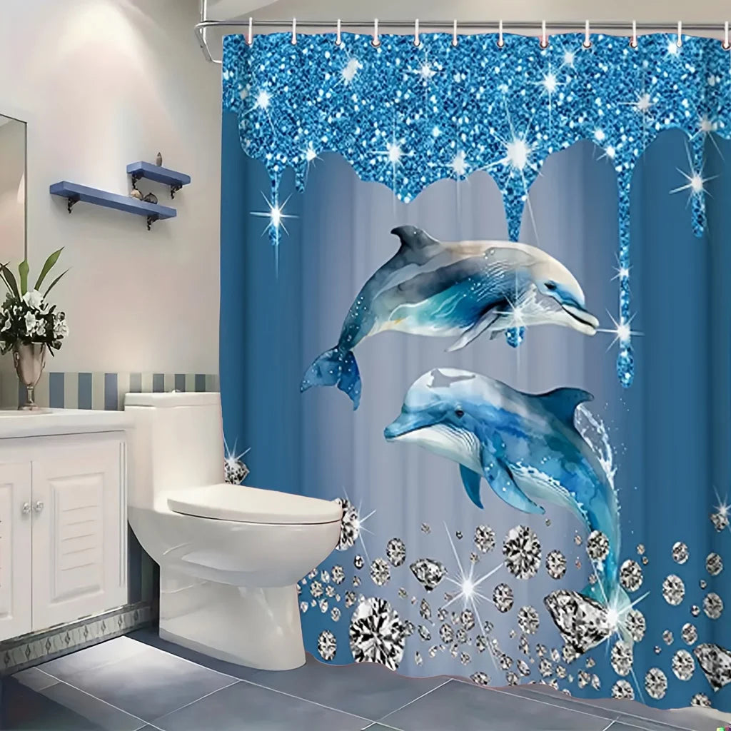 rideau douche bleu dauphins diamants moderne opacité polyester