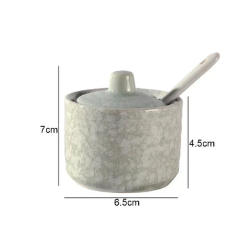 pot épices céramique rustique motif floral gris noir blanc cuillère blanche
