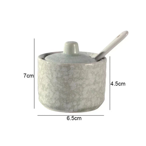 pot épices céramique rustique motif floral gris noir blanc cuillère blanche
