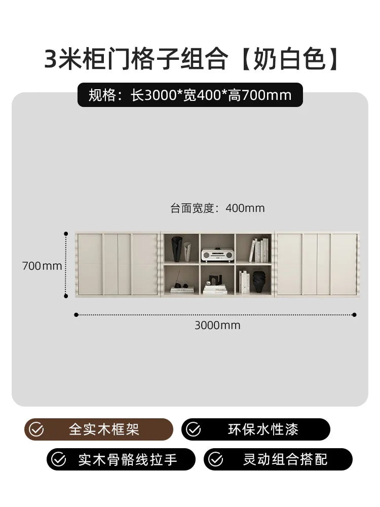 meuble rangement moderne bois blanc salon minimaliste livres vinyle vase lampe photo tapis
