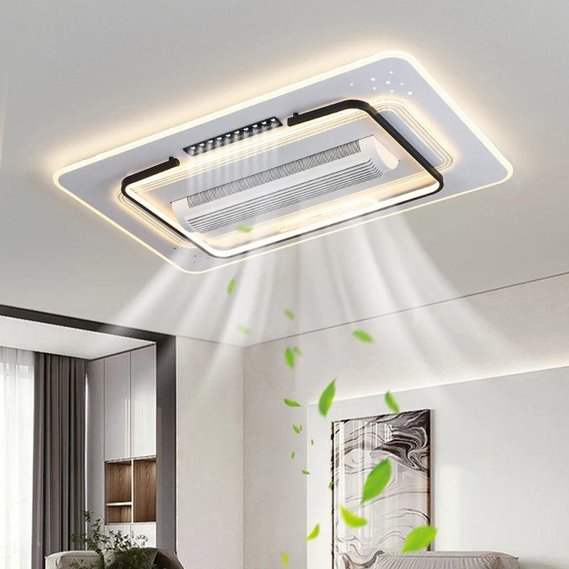ventilateur lumière led télécommande moderne blanc arrondi fixations invisibles chambre salon