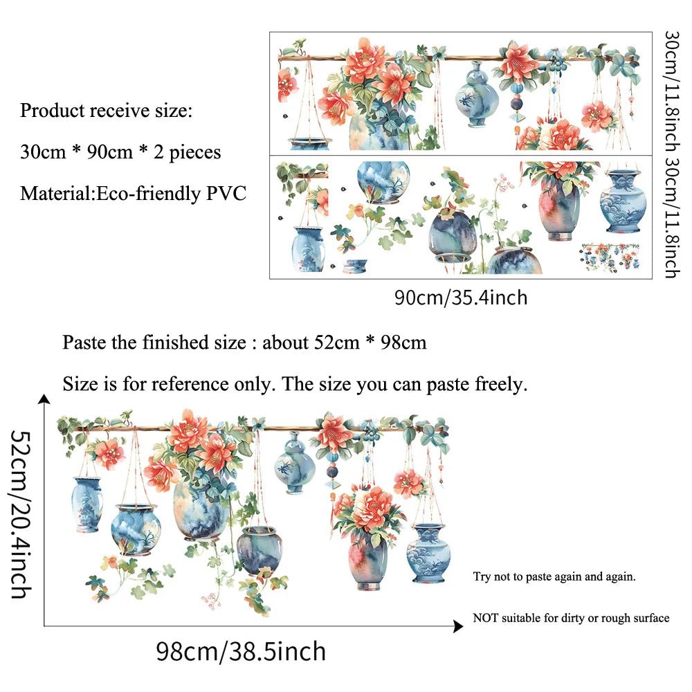 sticker mural fleurs vases colorés art floral vintage auto adhésif pvc résistant eau salon