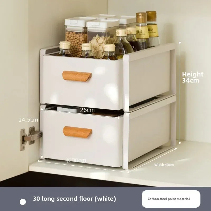 meuble tiroirs cuisine gris blanc poignées bois rangement sous évier