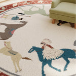 tapis rond polyester dessin animé cirque chevaux système solaire moderne enfant couleur beige rouge