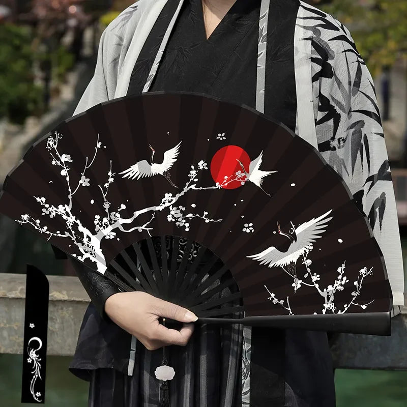 éventail traditionnel japonais paysages oiseaux bambou motifs floraux tassel noir bleu art traditionnel