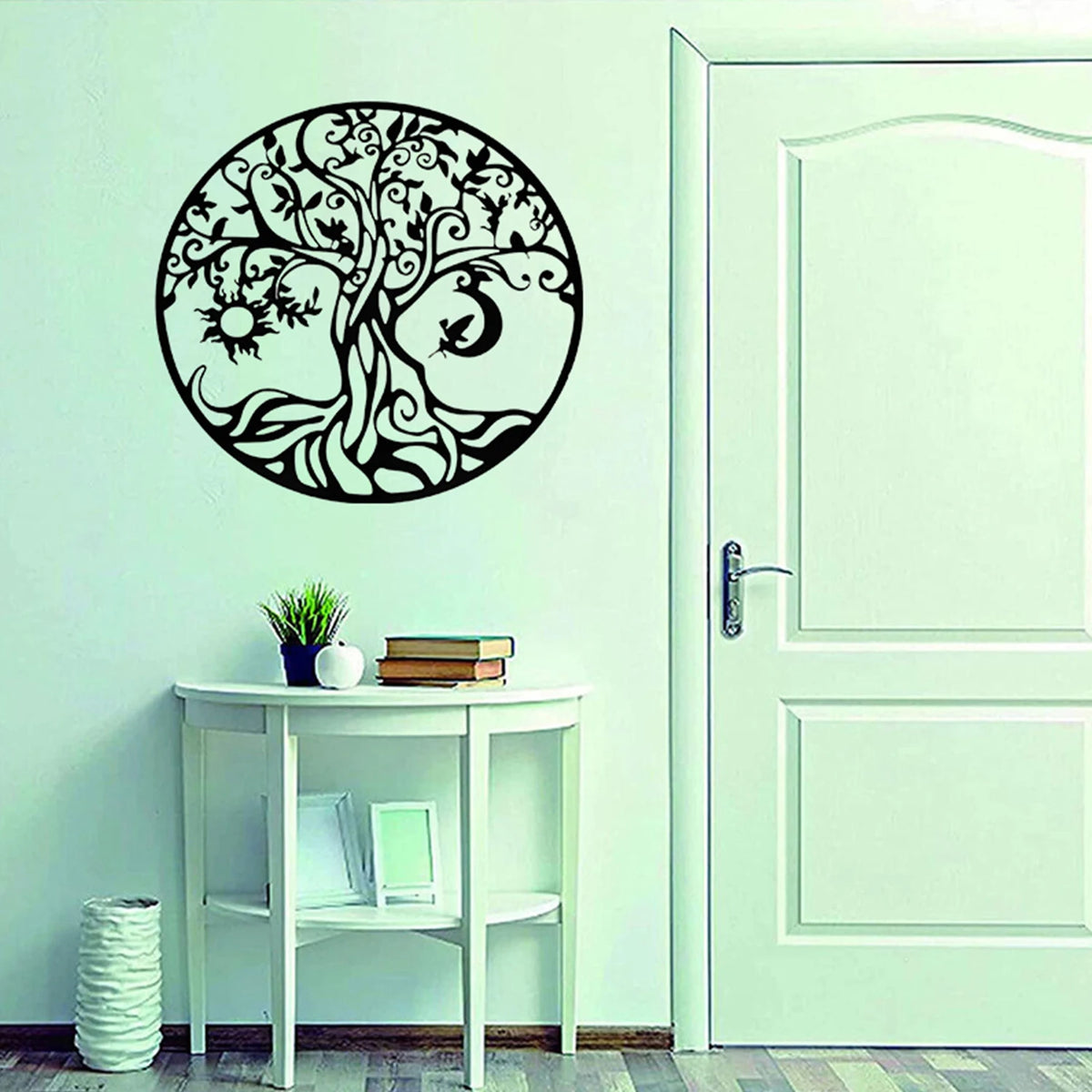 décoration murale résine noir blanc arbre soleil lune oiseau bohème 30cmx30cm