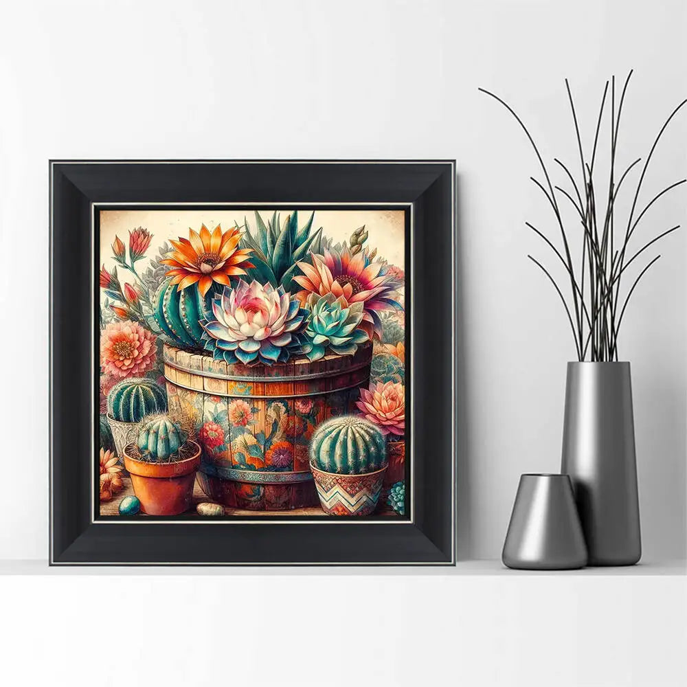 broderie diamant cactus succulentes floral vintage pots bois diamants ronds carrés kit outils adhésif