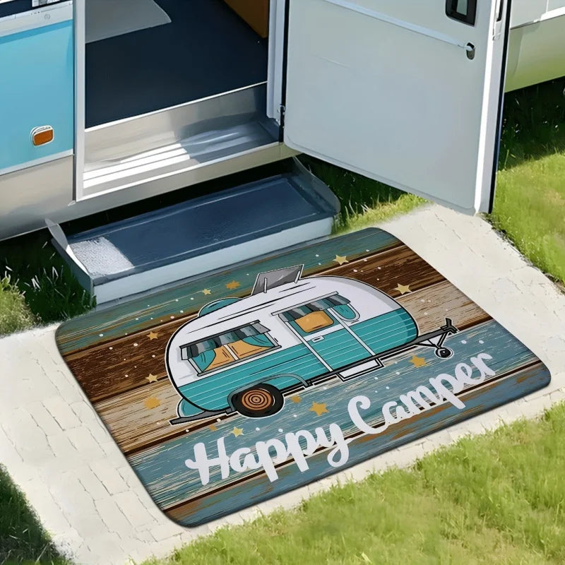 tapis sol camping car étoiles vintage fond bois bleu blanc résistant