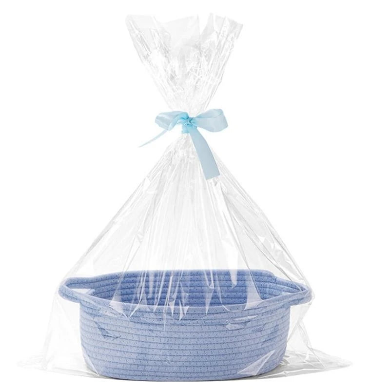 panier ovale tissé moderne rose bleu gris jaune poignées transparent sac