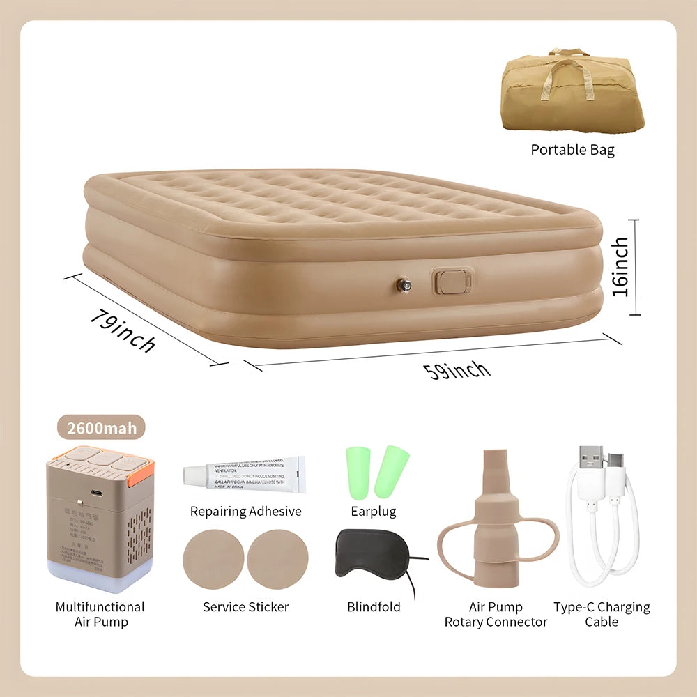matelas gonflable beige moderne bosses pompe électrique double camping intérieur