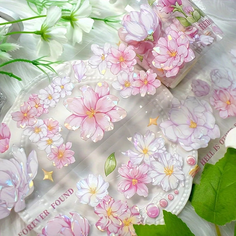 ruban decoratif fleurs cerisier rose clair blanc vert 2m illustration florale motifs dorés scrapbooking