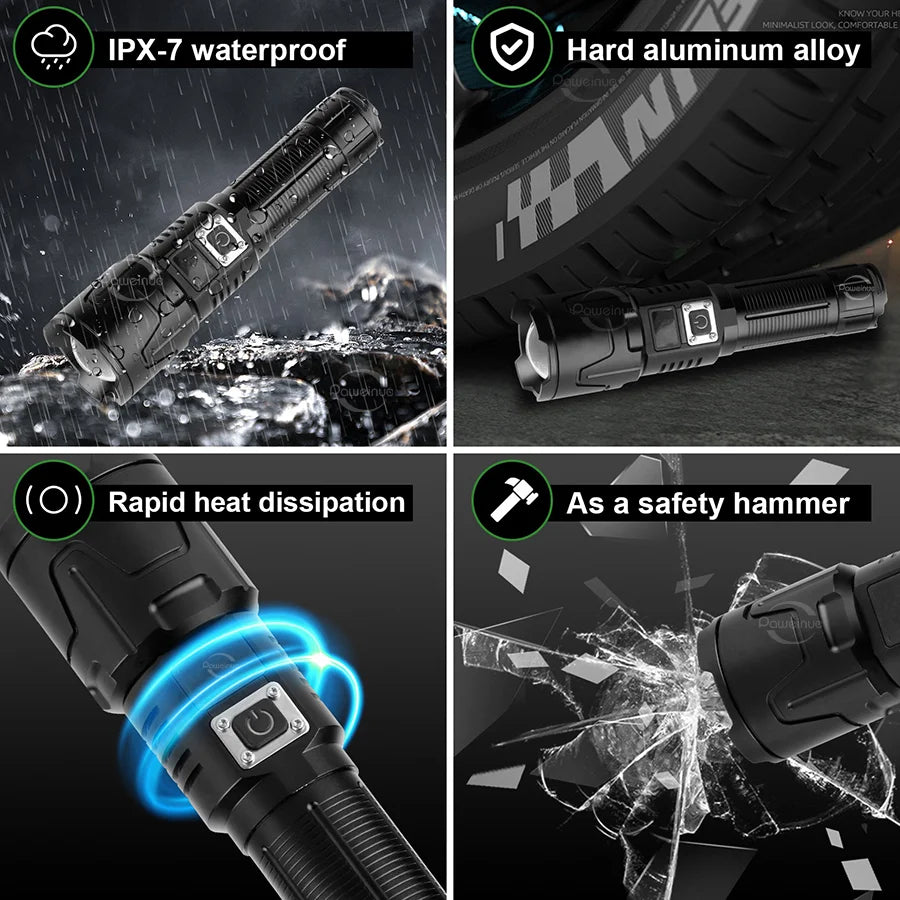 lampe torche rechargeable led puissante zoom camping pêche exploration résistante étanche multifonctionnelle