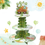 supports cupcakes dinosaures palmiers happy birthday assiettes gobelets sacs cadeaux vert orange blanc enfants
