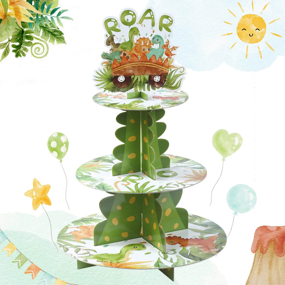 supports cupcakes dinosaures palmiers happy birthday assiettes gobelets sacs cadeaux vert orange blanc enfants