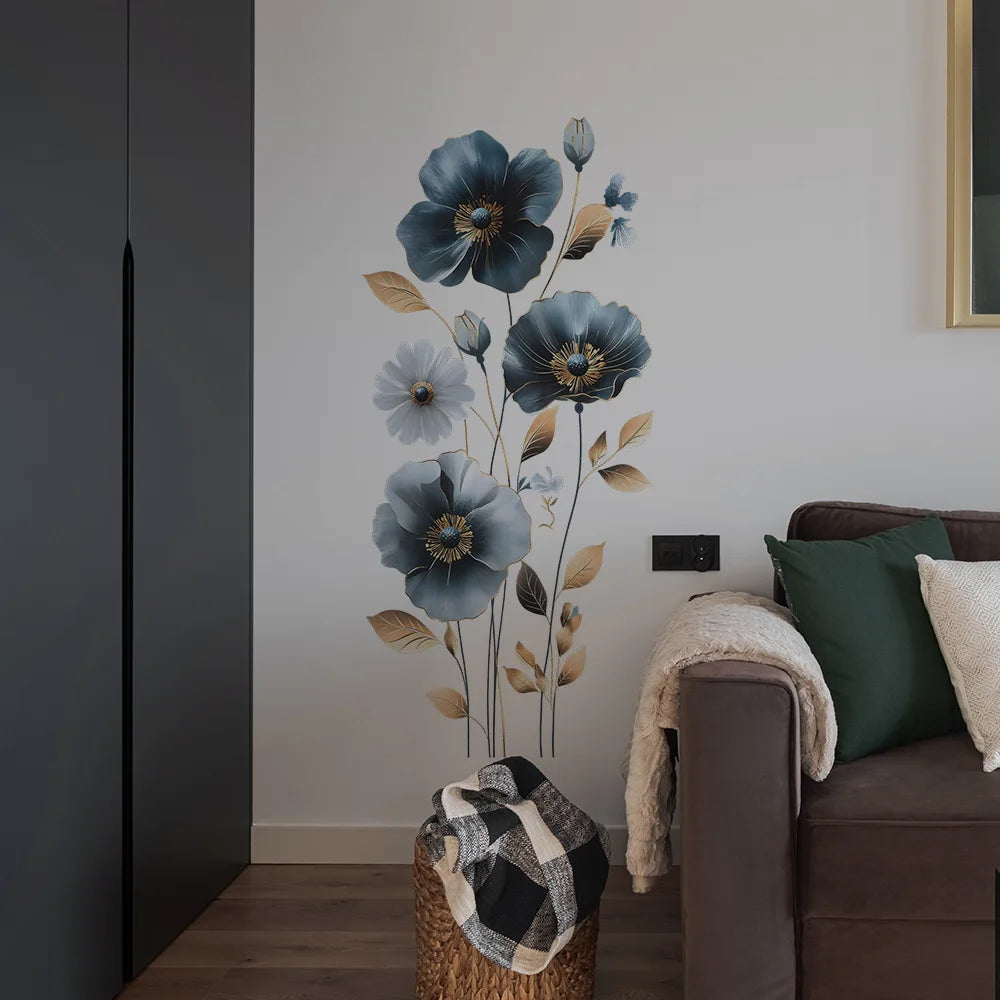 sticker mural fleurs bleues feuilles dorées moderne décoration intérieure chambre salon auto adhésif pvc