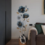 sticker mural fleurs bleues feuilles dorées moderne décoration intérieure chambre salon auto adhésif pvc