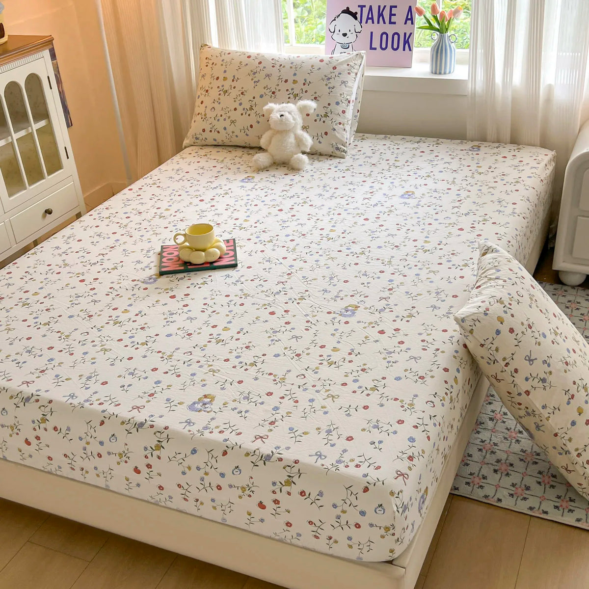 draps lit housse fleurs rubans beige moderne élastique coton polyester lit adulte double king