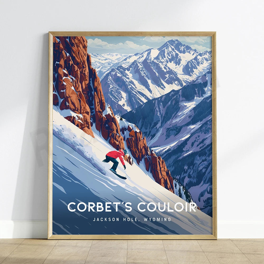 Une affiche vibrante représentant un paysage montagneux enneigé avec un skieur descendant une pente escarpée, évoquant la beauté et l'exhilaration du ski dans la région de Jackson Hole, Wyoming.
