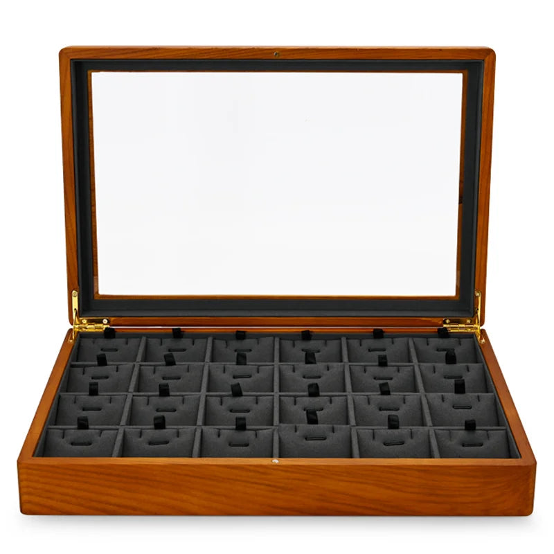 boîte bijoux bois marron clair intérieur beige simili cuir rangement display stackable organizer anneaux