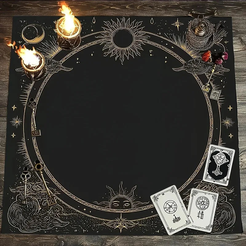 tapisserie tapis geométrique lune soleil étoiles doré noir artisanal mystique