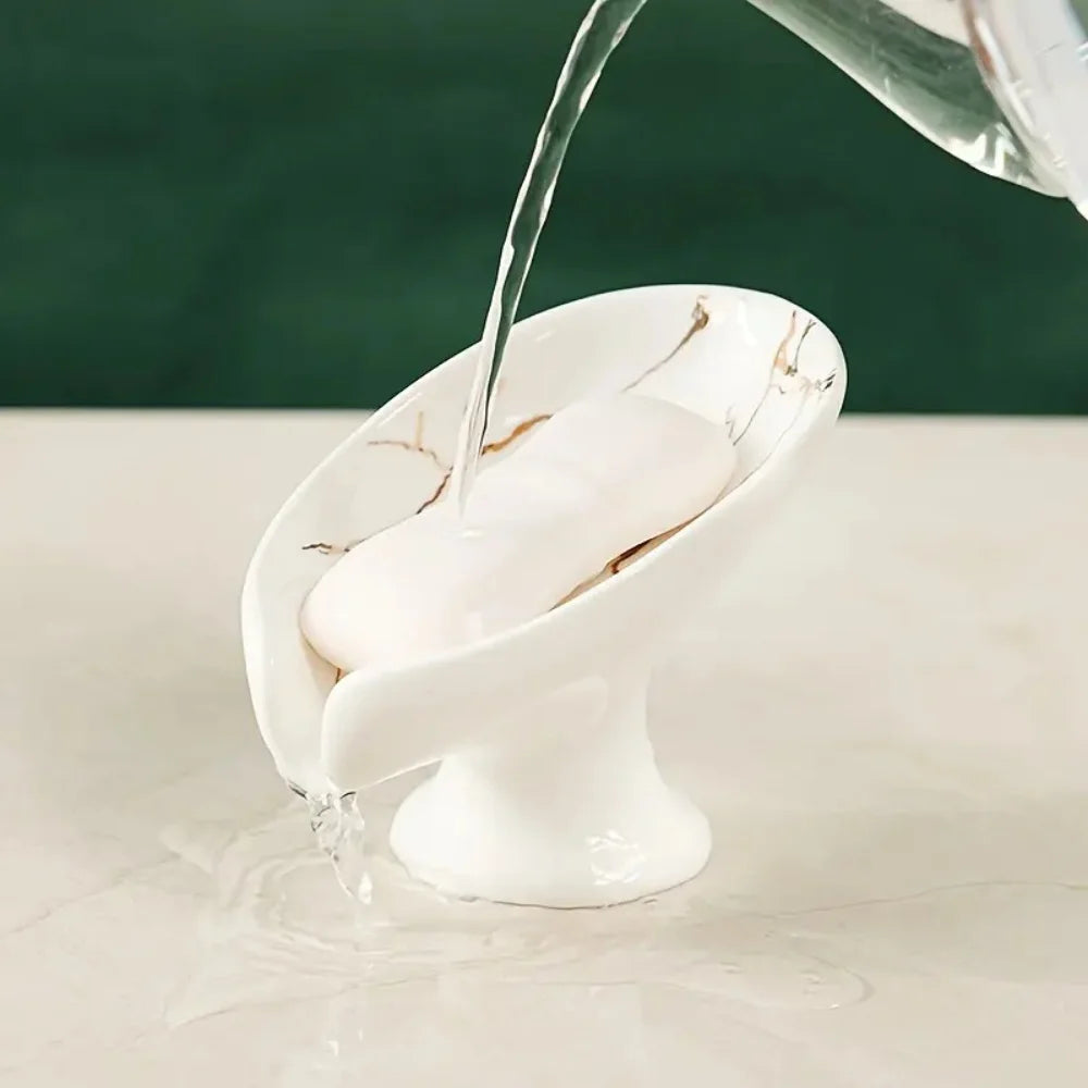 porte savon céramique imitation marbre feuille moderne blanc vert foncé drainage salle bain cuisine
