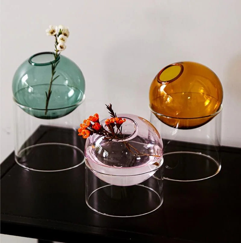 vases sphériques transparents moderne vert rose orange bleu fleurs artificielles hydroponique ecologique