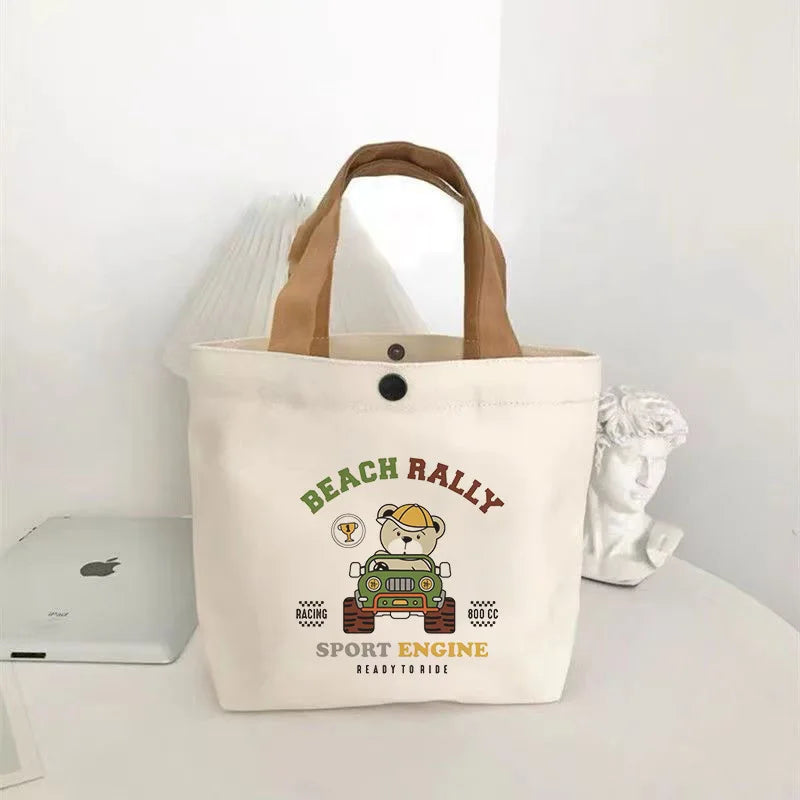 sac main toile imprimé ours blanc marron moderne poignées cuir portable étudiante
