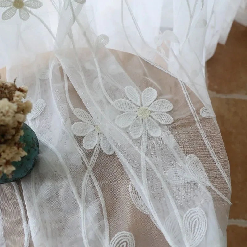 rideau blanc transparent polyester broderie fleurs décoratif salon fenêtre maison