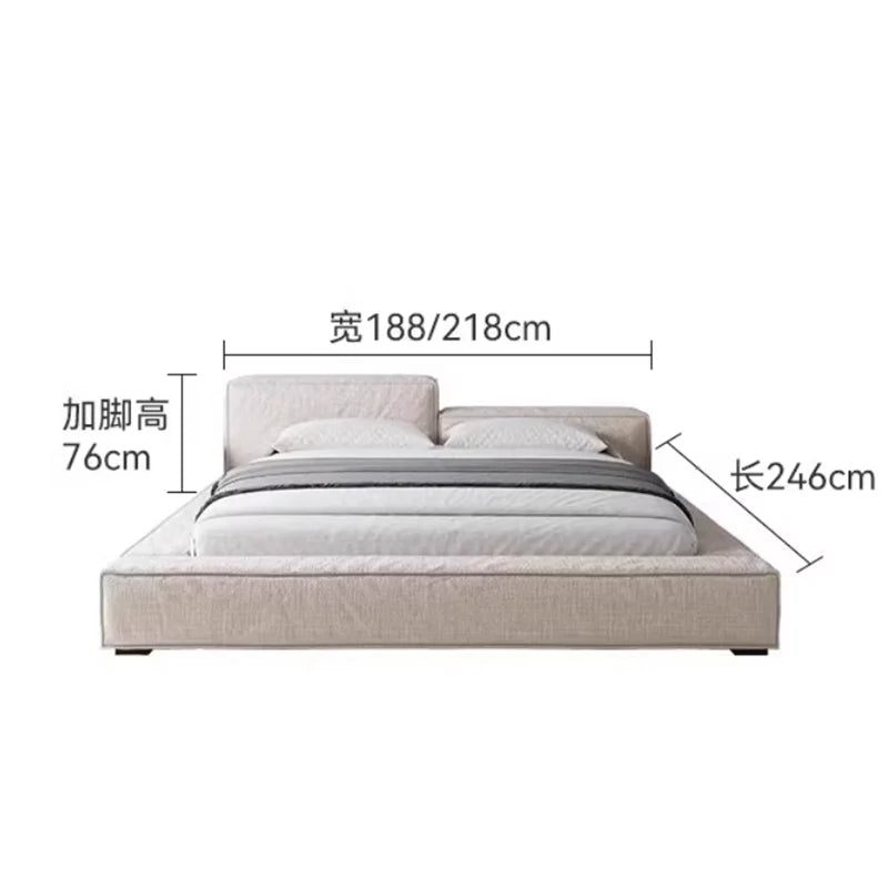 lit moderne bois tissu lin beige oreillers blancs draps gris blancs 188cm 218cm 246cm