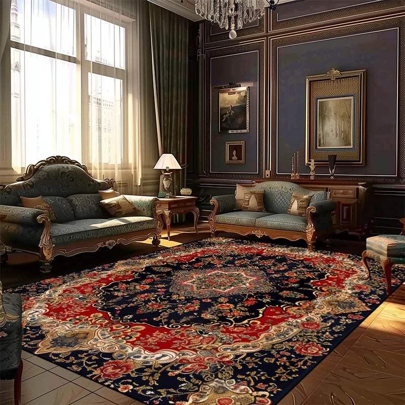 Ce salon élégant arbore un mobilier luxueux, des rideaux sombres et un tapis persan coloré, créant une atmosphère feutrée et raffinée.