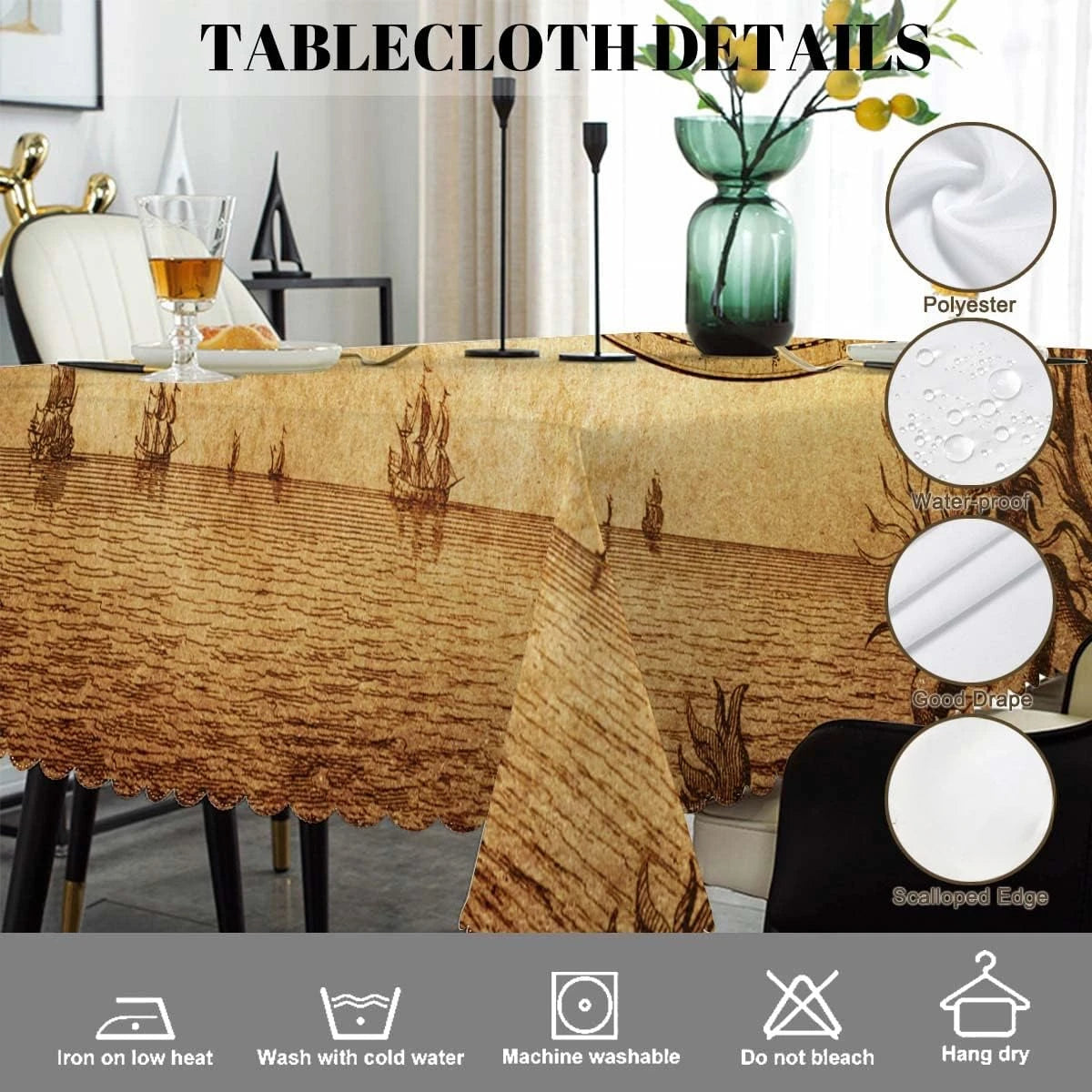 nappe table imperméable carte monde vintage beige marron gravure cartographique réutilisable polyester moderne rectangle