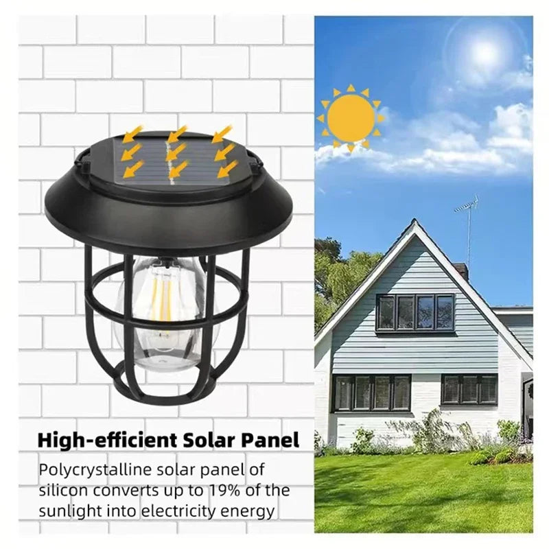 lampe solaire led murale vintage cage métallique verre opalin noir filament decoration extérieur ip65