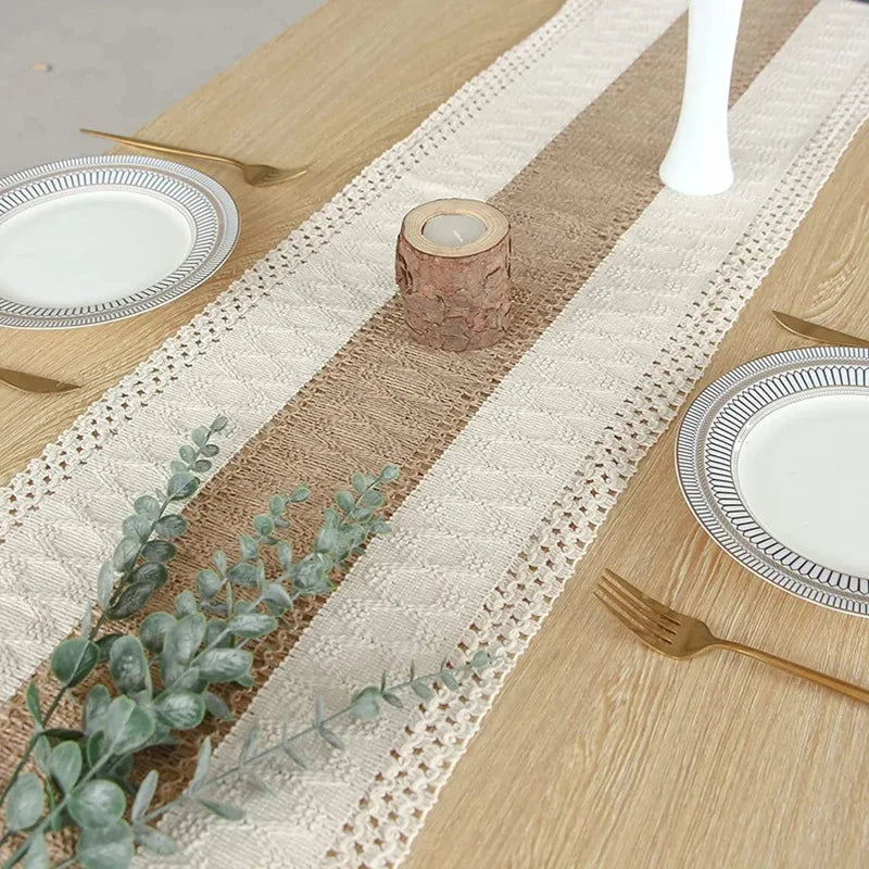 nappe lin rustique bohème macramé pompons dentelle franges beige marron vert pâle extérieur fêtes