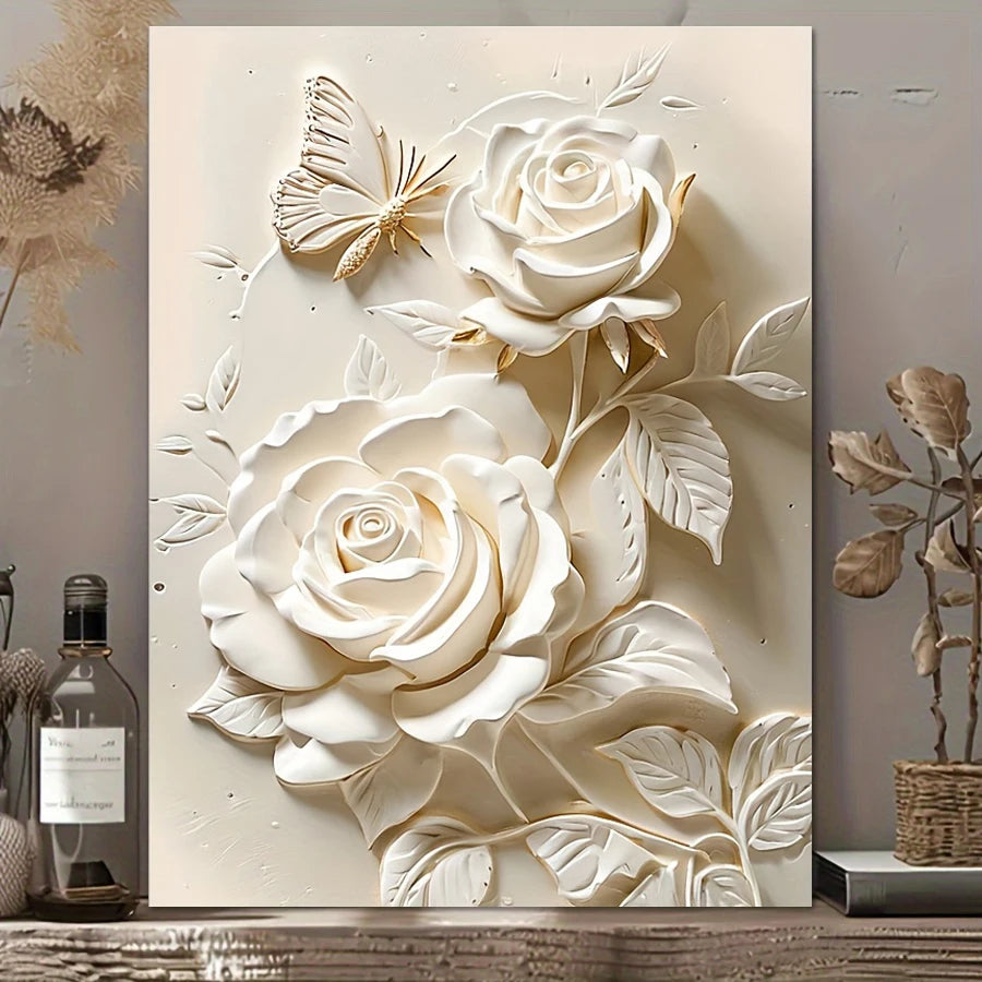 tableau mural toile beige roses sculptées relief papillon doré art contemporain décoration salon