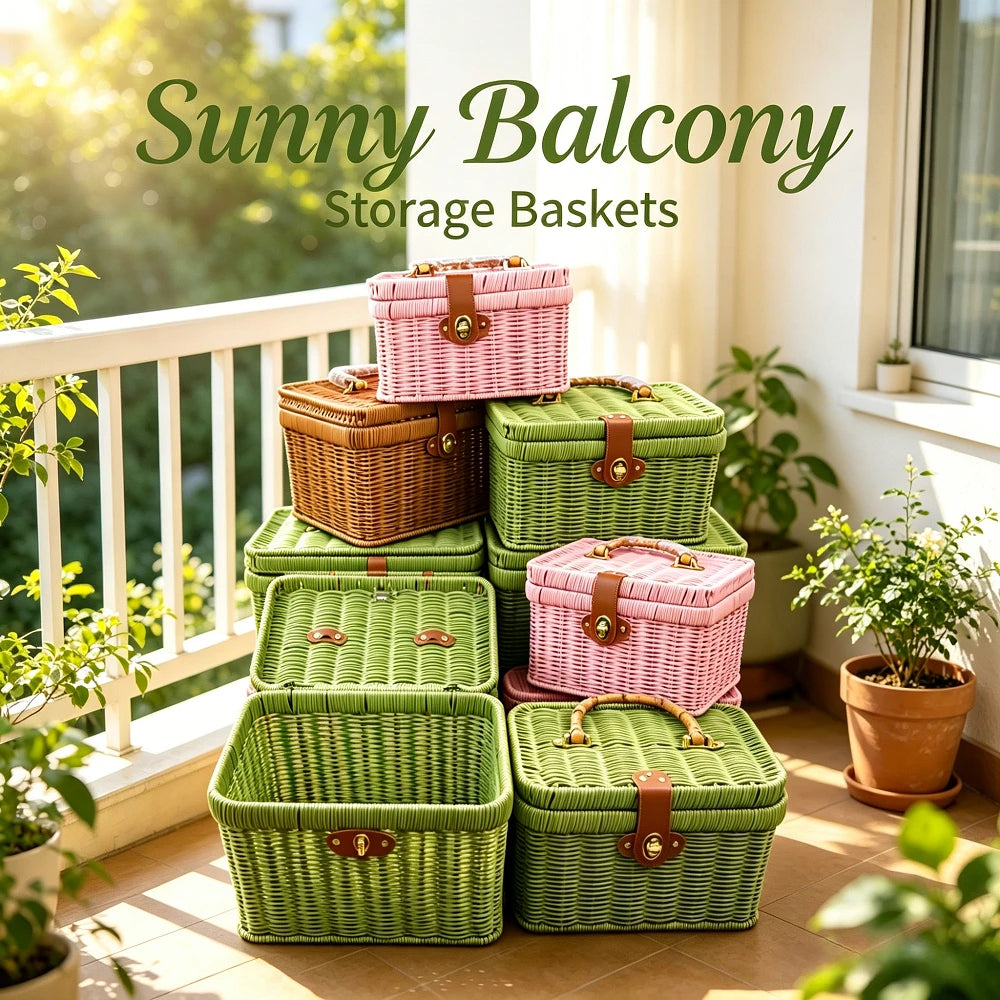 paniers rangement tressés rose vert marron poignées métalliques couvercle verrouillable vintage multifonctionnels