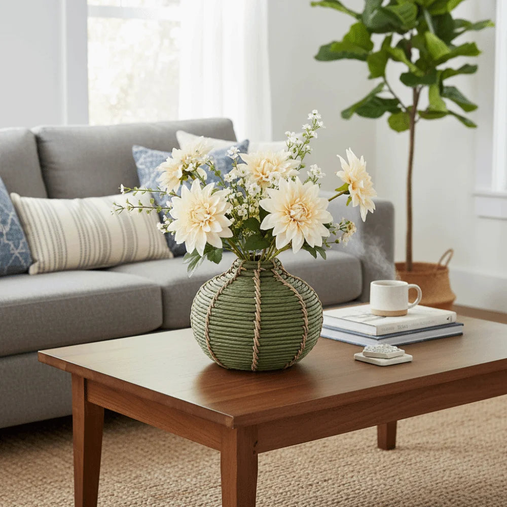 vase tissé main vert olive orange beige rustique artisanal