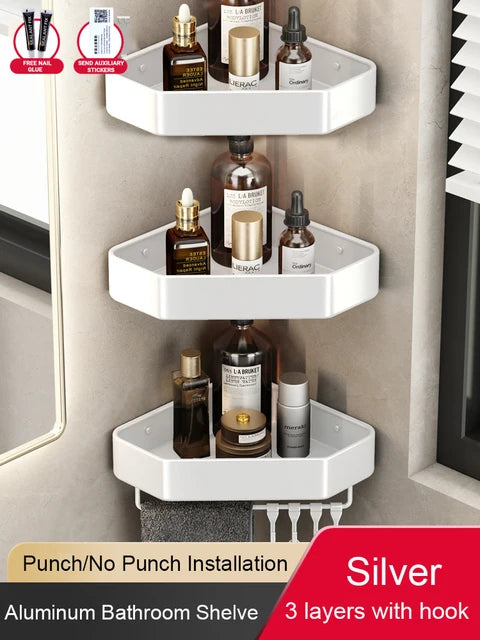 étagère salle bain moderne adhésive métal gris plat niveaux crochets rangement góc