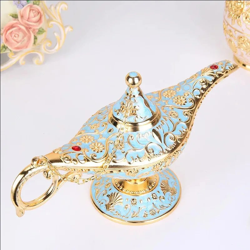 lampe huile bleue dorée ornement florale artisanale baroque chaîne dorée maison décoration