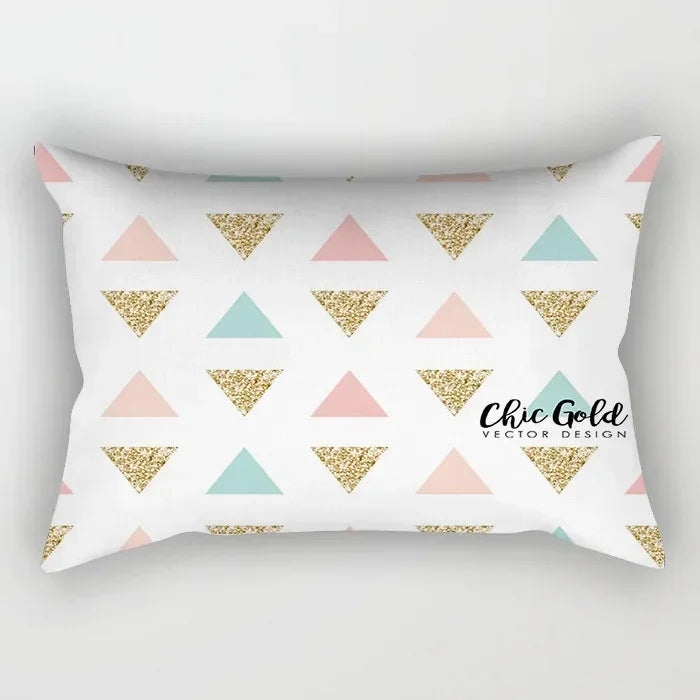 taie d'oreiller rectangulaire rose blanc doré motif géométrique moderne lit chambre décoration maison